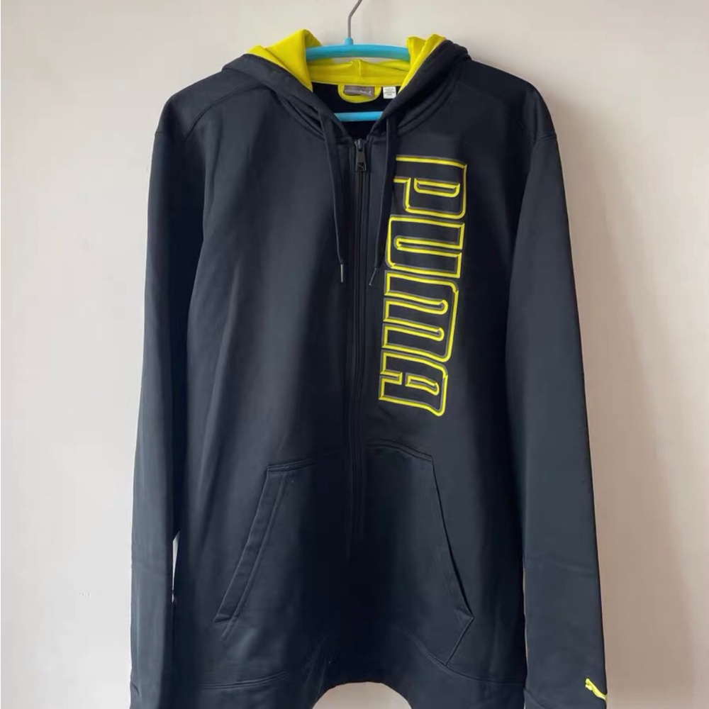 PUMA Black Hoodie with Vibrant Yellow Highlights